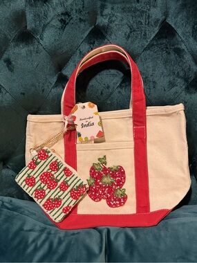 NWT Handcrafted in India Strawberry Canvas Tote & Beaded Pouch Set Red